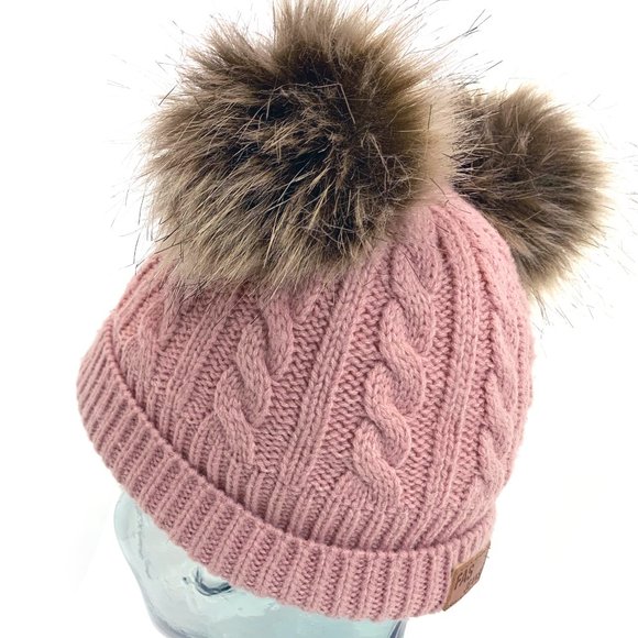 FAS Jeans Girls Winter Fitted Knit Beanie Hat with Faux Fur Pom-Pom Ears - Picture 7 of 11